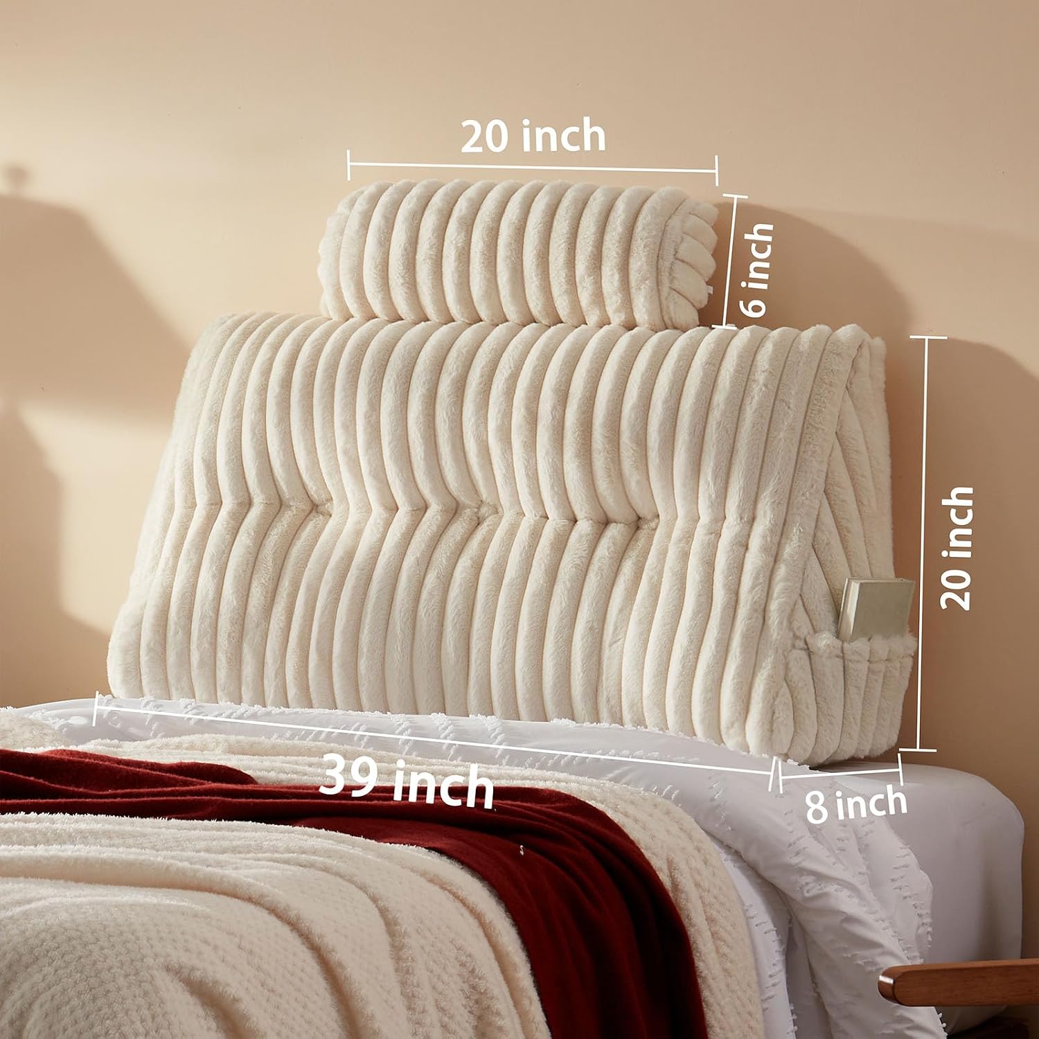 rycwola faux fur headboard pillow with 2 pack neck roll pillow large headboard pillow soft and supportive with removable cover (beige, twin) twin beige
