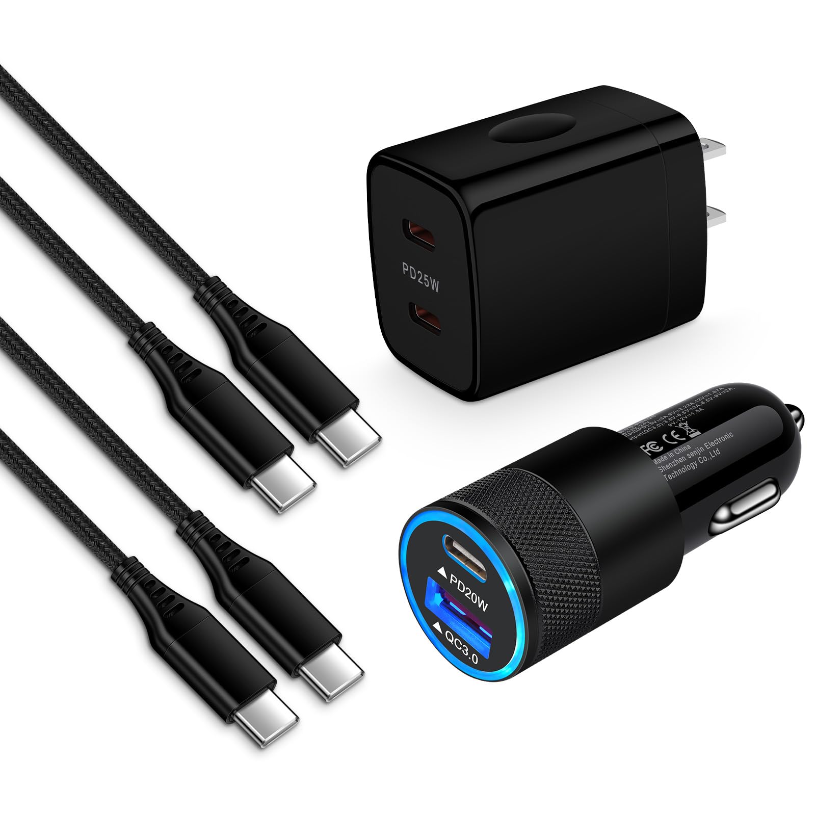 Samsung Charger Block 2 Port Super Fast Charging Android Car Cable for Samsung Galaxy A15 5G A35 A55 A25 S24 Ultra A14 A54 S23, 25W Wall Charger,38W USB C Cigarette Lighter Adapter,3+6FT Type C Cable