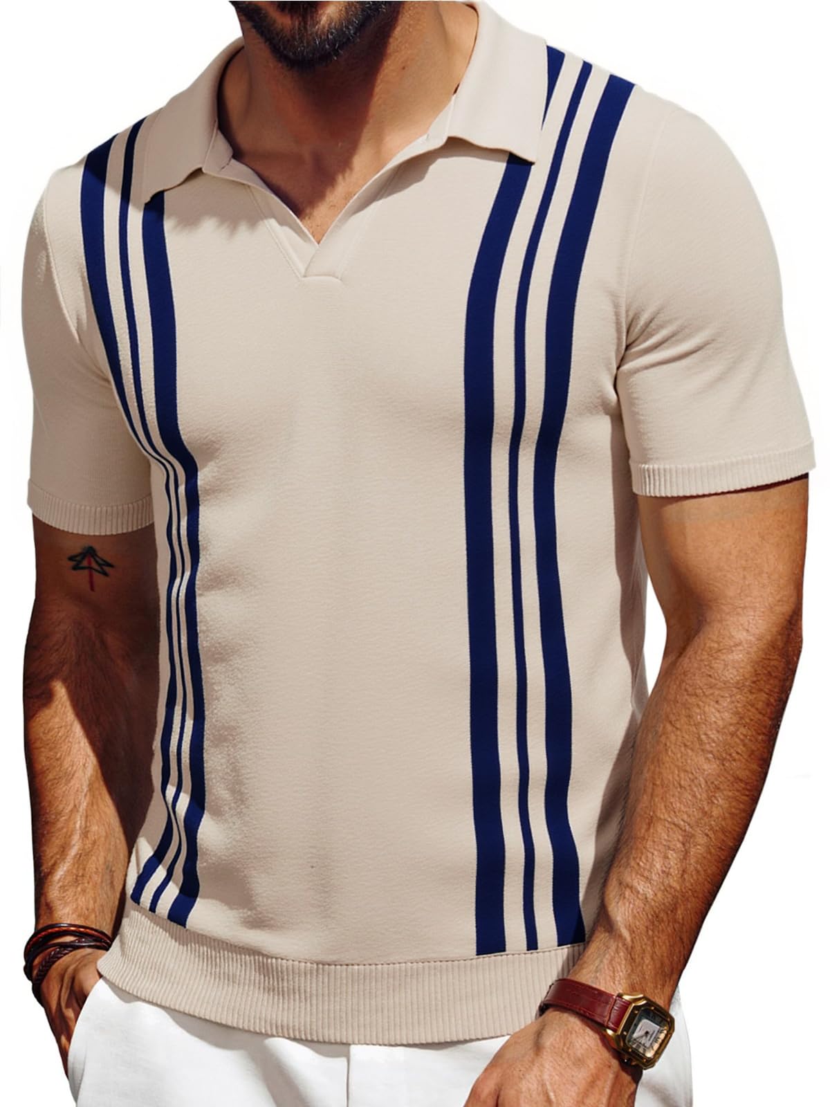 Les umes Strick Poloshirt V Ausschnitt Vintage | Kurzarm, Baumwolle, Atmungsaktiv, Streifen, Sommer, Freizeit