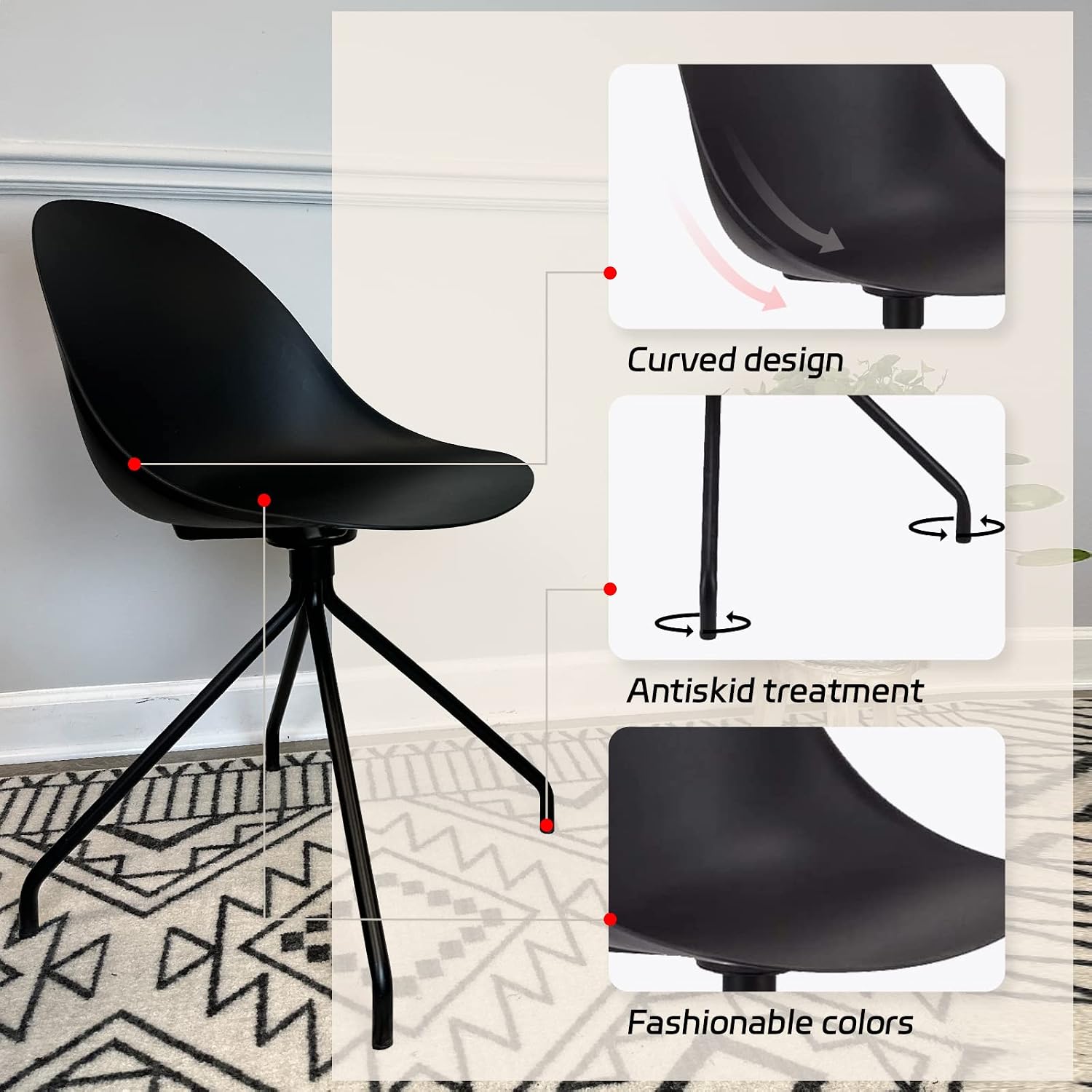 Modern Dining Chair Set of 4, Mid Century Nordic Style Side Chairs ABS Plastic and Sturdy Metal Legs, for Indoor Outdoor, Kitchen, Living, Dining Room, Bedroom, Conference, Midnight Black