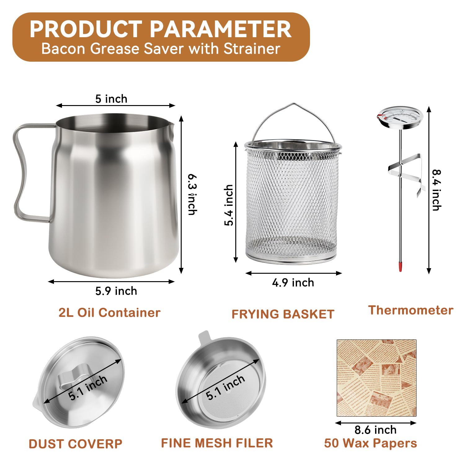 Filtro de aceite de acero inoxidable de 2 L, protector de grasa de tocino con colador, 50 hojas de papel delicatessen, termómetro de carne, filtro de aceite de cocina extraíble, freír multifunción