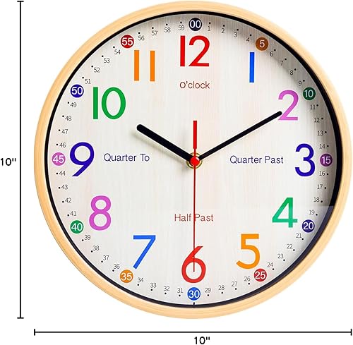 Miniatura 7 de JoFomp Reloj de aprendizaje para niños  Reloj de pared para enseñanza de 10 pulgadas, reloj de pared decorativo de cuarzo silencioso sin tictac para