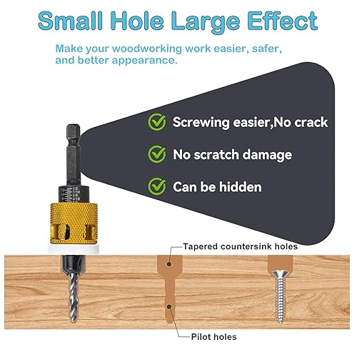 Miniatura 2 de YUENTOEN Juego de 6 brocas avellanadoras para carpintería, puntas HSS M2, cabeza cónica con tope de profundidad ajustable y llave en forma de L,