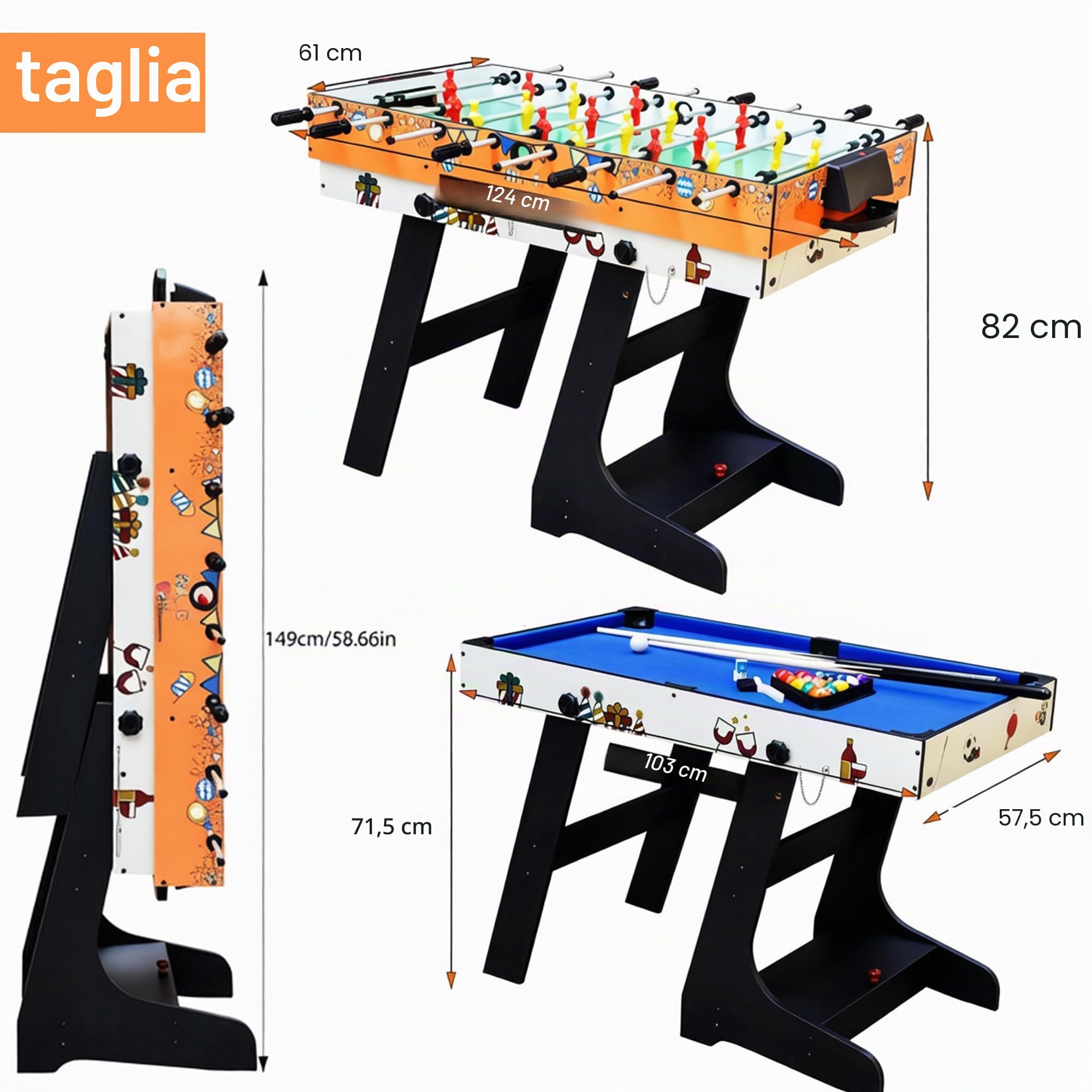 OYE 4FT 8 in 1 Gioco da tavolo pieghevole multifunzionale - Calcio balilla (calcetto)/Ping pong/Air hockey/Tavolo da biliardo, MDF