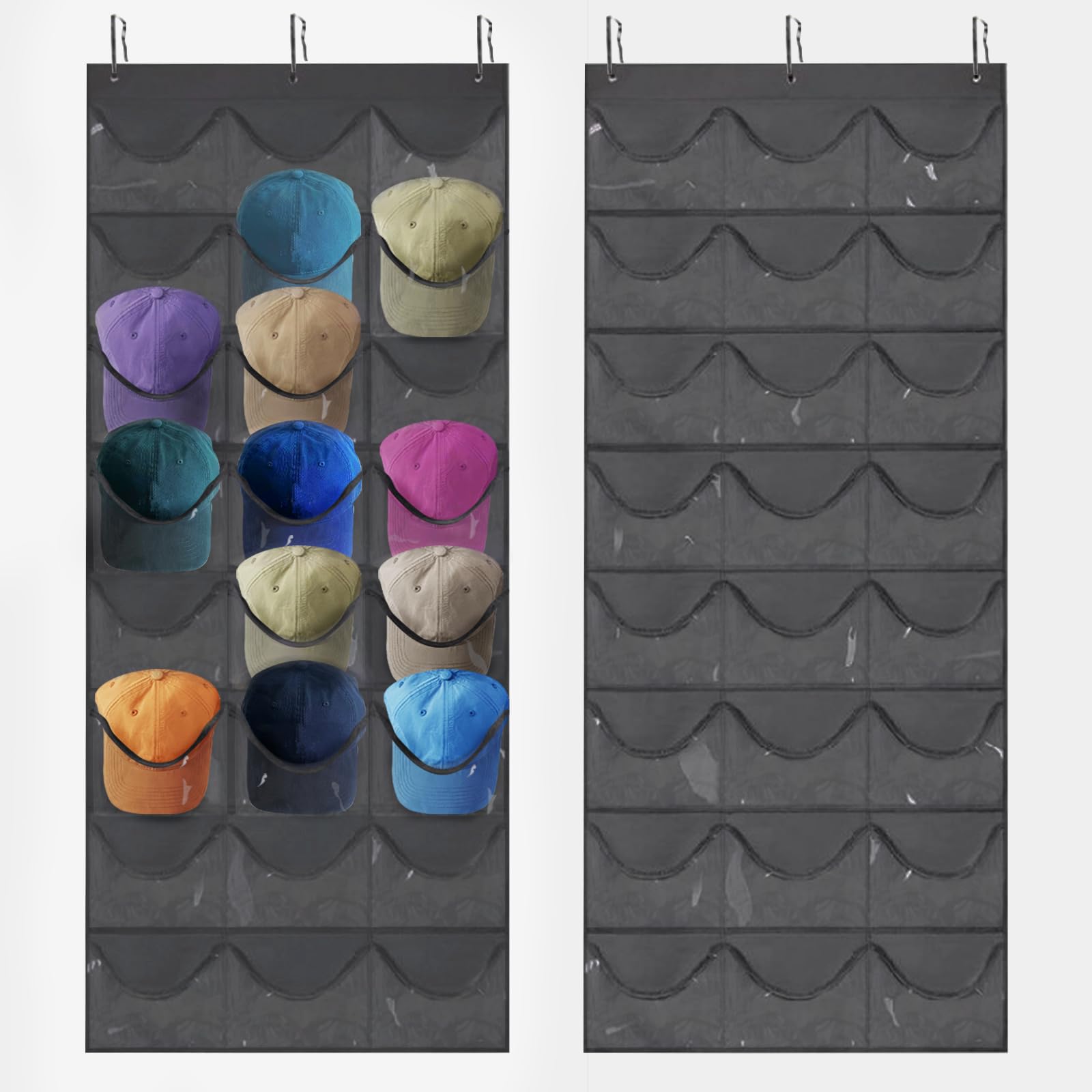 JIANGLAI Hat Rack for Baseball Caps, Over The Door Baseball Hat Organizer with 3 Hooks, Hats Storage Holder for Closet Door Wall with Large 24 Clear Deep Pockets, Black