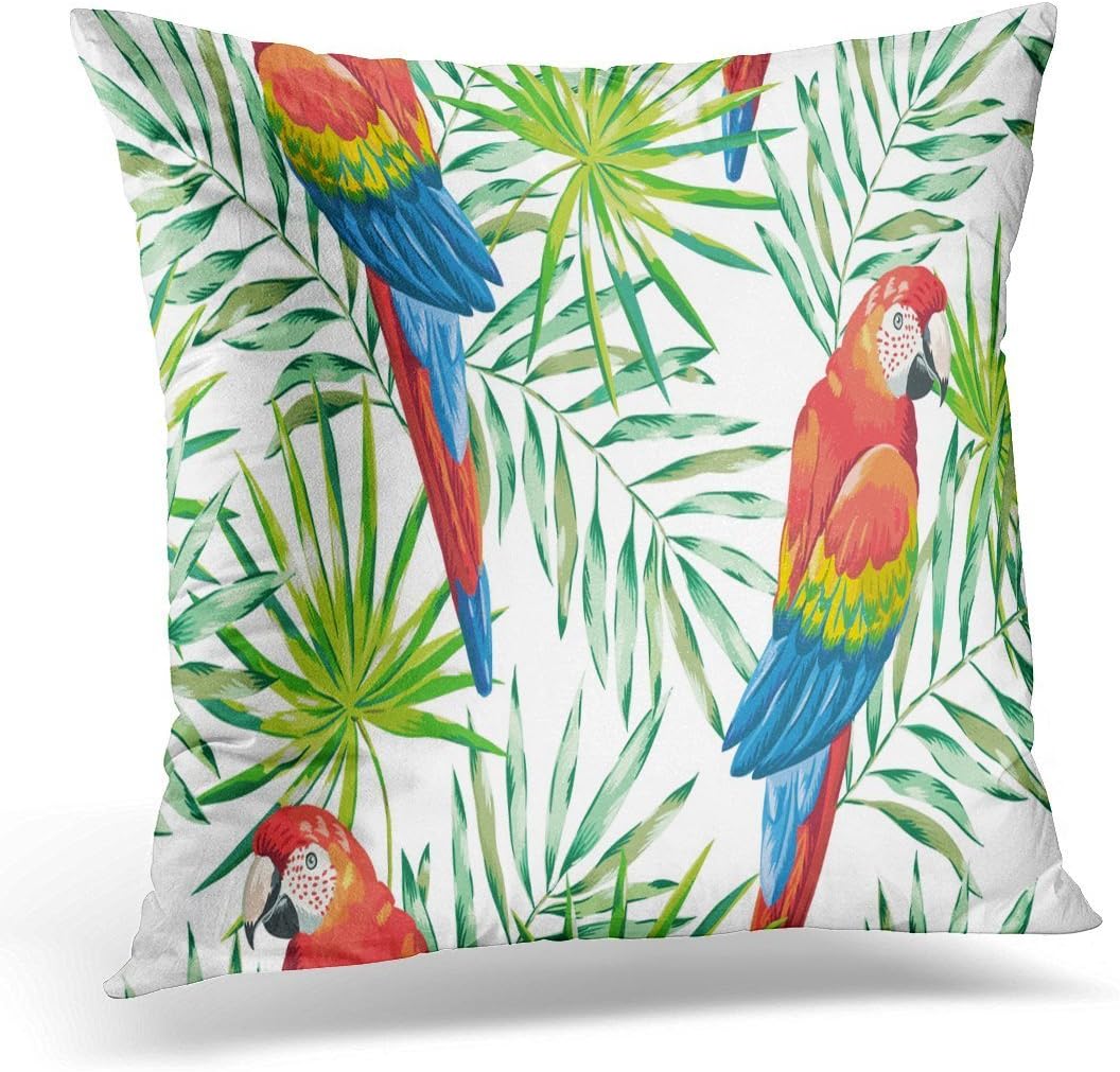 Kjalioeig-Throw Cushion Pillow Covers Red Jungle Macaw Parrots With Green Palm Leaves On The White Tropical With Birds And Plants Summer Exotic Comfortable Material Size: 18x18 Inch