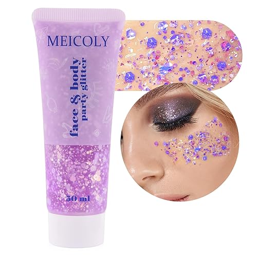 MEICOLY Chameleon Light Purple Hair Glitter,Chunky Face Body Glitter for Halloween,Color Changing Mermaid Face Glitter,Holographic Glitter Sequin for Face Body Hair,Festival Party Cheer Glitter Makeup - chameleon light purple body glitter