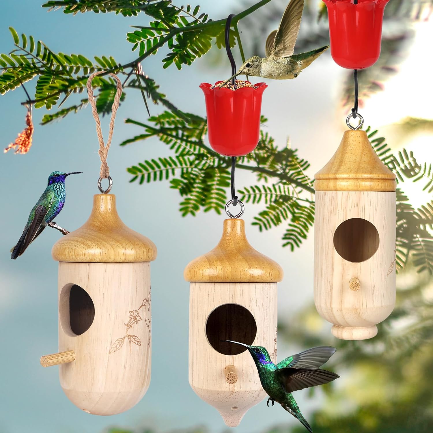 Hummingbird House, 3pcs Wooden Hummingbird Houses for Outside for Nesting, Gardening Gifts Home Decoration