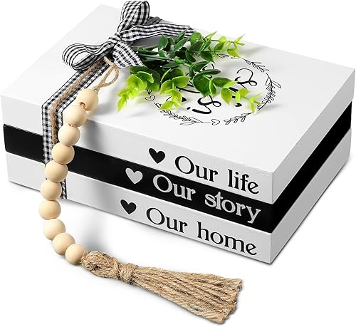 Capoda 3 libros decorativos para decoración del hogar, libros apilados de imitación de granja, libros decorativos rústicos de madera con guirnalda