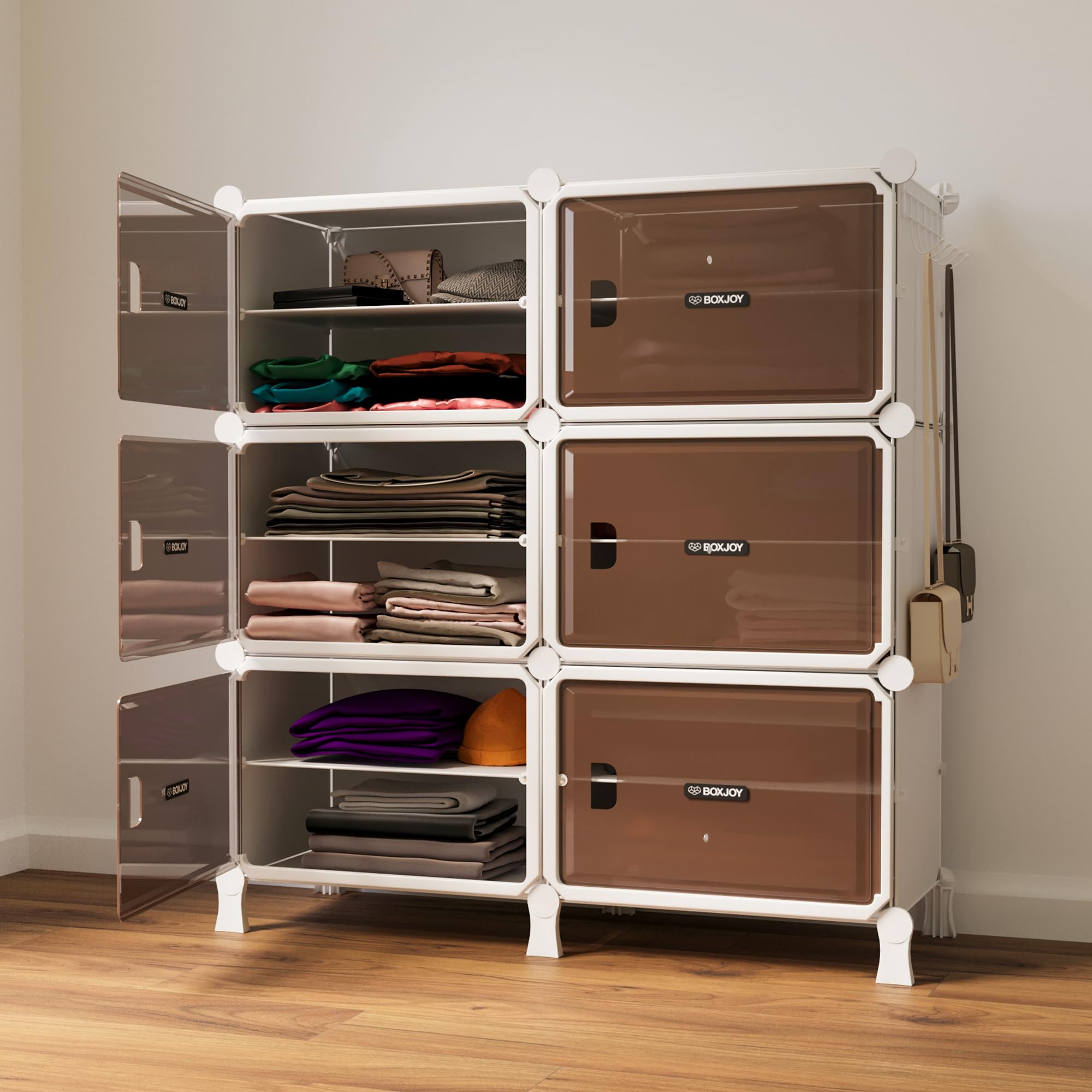 BOXJOY 12 Shelf Cloth Rack Wardrobe Almirah Organizer with 6 Hard Plastic Metal Frame Doors with Magnets & 5 Hook Steel Holder, Foldable Cupboard for Bedroom Kids Storage | White Rack, Brown Door