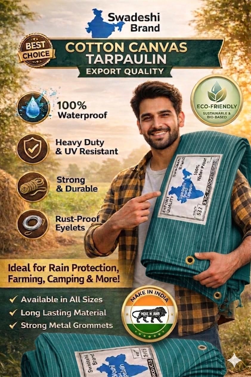 500 GSM Cotton Canvas Tarpaulin | Heavy Duty Waterproof Wax Coated Canvas Sheet | HDPE Backed UV Resistant Outdoor Cover | Parrot Green Tarp for Camping Farming Industrial Use (6X9)-image-14