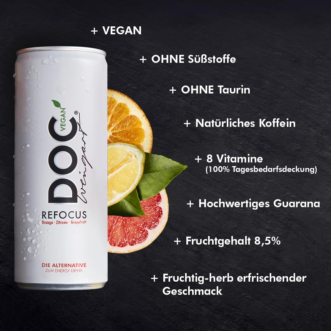 Doc Weingart Refocus New Energy Vitamin Drink, Orange-Zitrone 48x250ml | Fruchtig frisch, 8 Vitamine, natürliches Koffein, Guarana, kalorienarm, Vegan. Ohne: Taurin-Süßstoffe-Farbstoffe