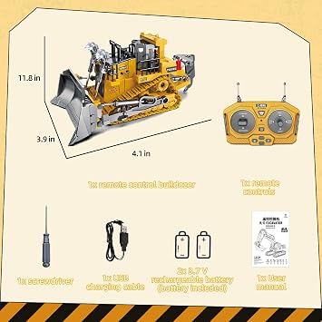 Remote Control Bulldozer for Kids, 1:20 Metal 9 Channel RC Bulldoer Digger Vehicle Toy with Light and Sound, 2.4GHz Remote-Controlled Truck Boys Age 6 7 8 9 10 Years Old