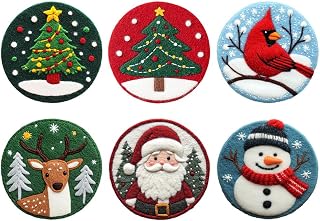 DIY Needle Felting Coasters Kits Merry Christmas Theme with 6 Patterns Easy for Beginners Needle Felt Starter Complete Set Handmade Wool Mug Rug for Home Cup Decoration