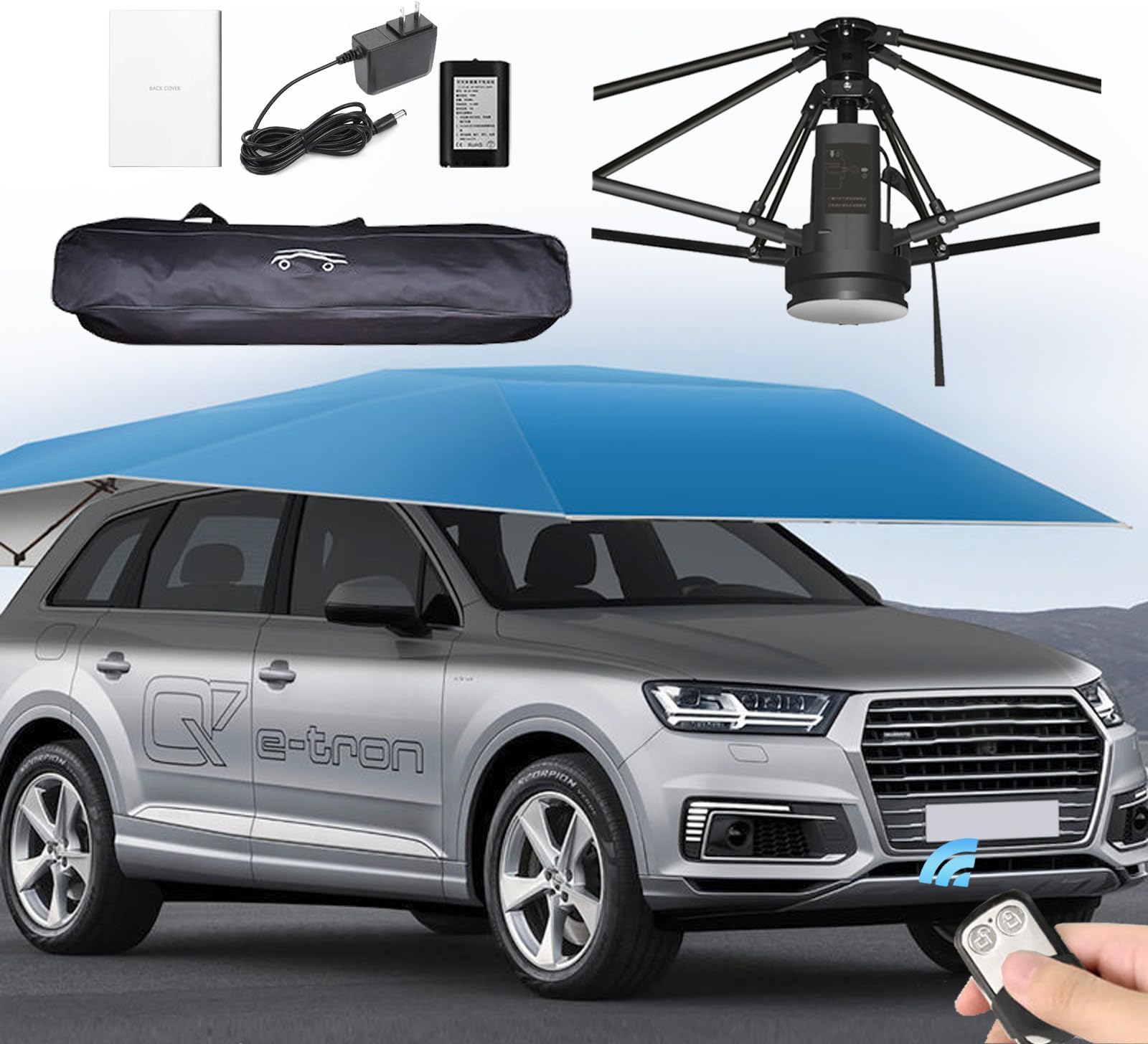 Fully Automatic Car Umbrella Roof Top Sun Shade Cover,Folding Car Umbrella Sun Shade Cover Tent,Movable Carport,3000mAh Lithium Battery,with Remote Control and Carrying Bag,Silver gray-4.8m/189''