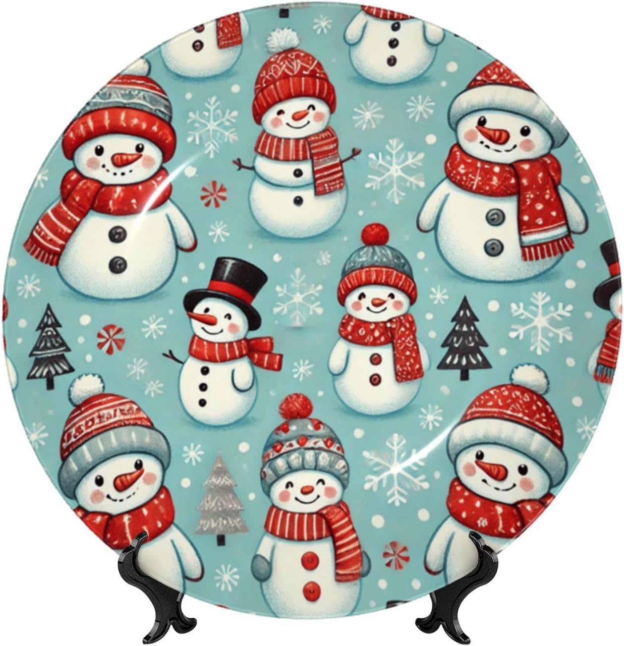 Xmas-Tree-Snowmen-Snowflakes 10 Inch Decorative Plate With Stand, Elegant Display Wall Plate For Home Decor