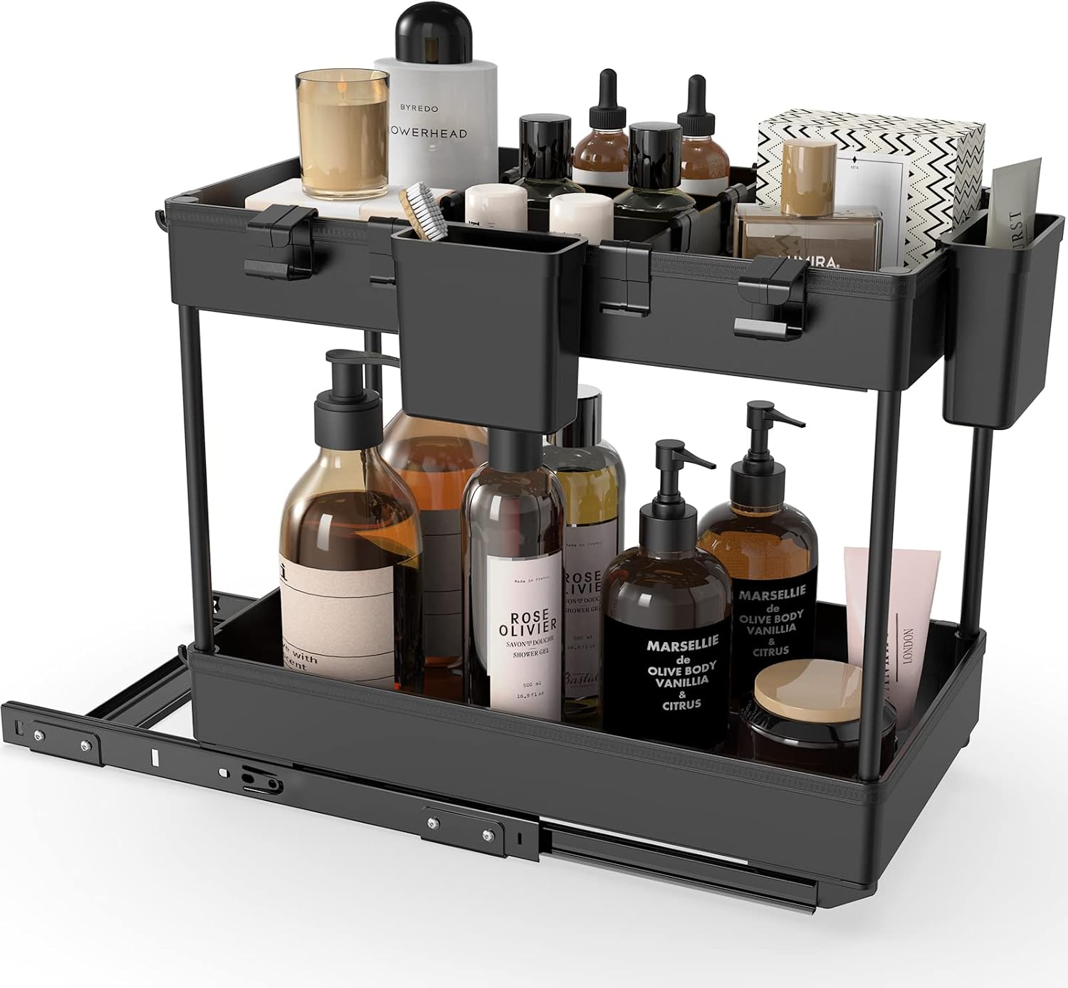Under Cabinet Sliding Storage Drawer Basket Organizer, 2 Tier Pull Out Under Sink Organizer and storages,cabinet roll out shelf with hooks & Hanging Cups for Kitchen, Bathroom,Laundry room, Black