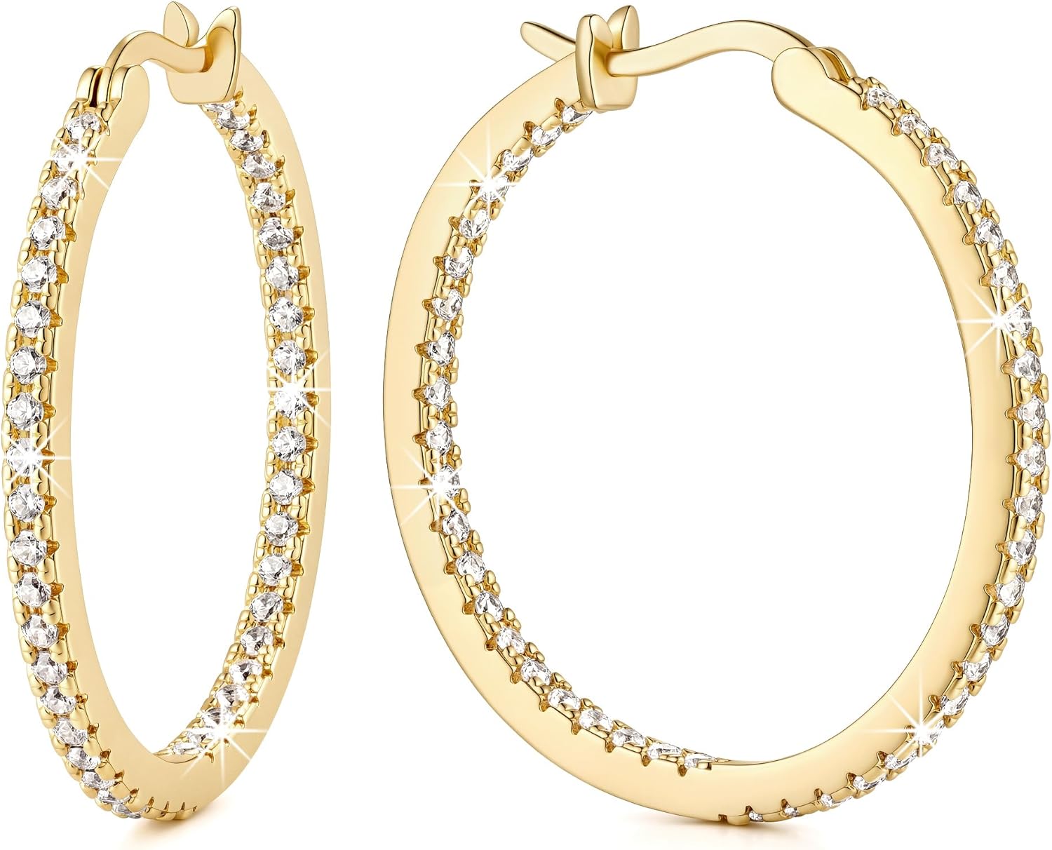 KKR 14K Gold Earrings for Women Gold Hoop Earrings for Women 14K Gold Hoop Earring for Womens Hoops Double Sparkle Cubic Zirconia on Both Sides Hoops Earring for Womens 15/20/30/35mm