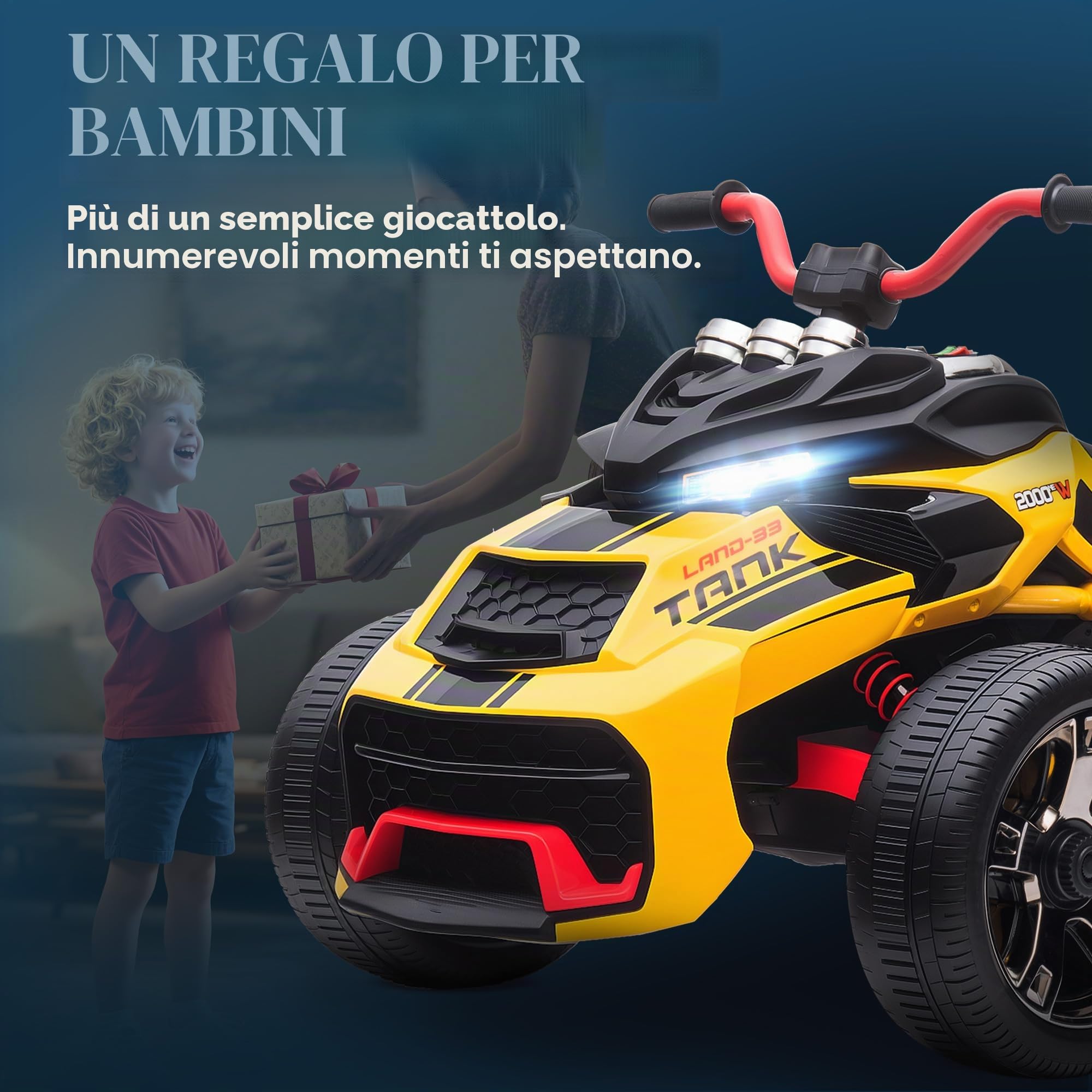 AIYAPLAY 12V Quad Elettrico per Bambini 3 Ruote 3-8 Anni Giallo | Avanti/indietro, lettore MP3, clacson, 2 velocità, luci LED, veicolo bambini 3-5 km/h.