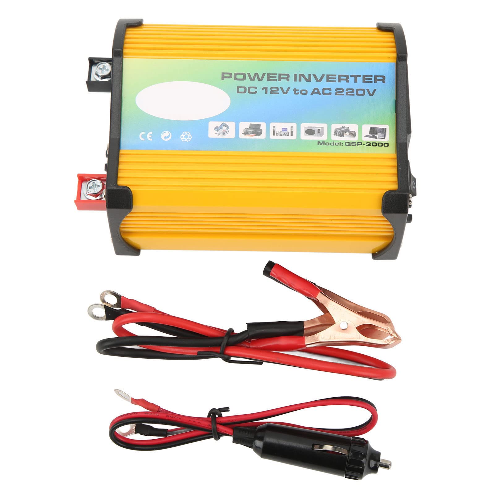 Zmodyfikowany falownik samochodowy sinusoidalny 300W DC 12V na AC 220V Przetwornica napięcia samochodowego z podwójnymi portami USB do podróżowania na zewnątrz (Yellow)