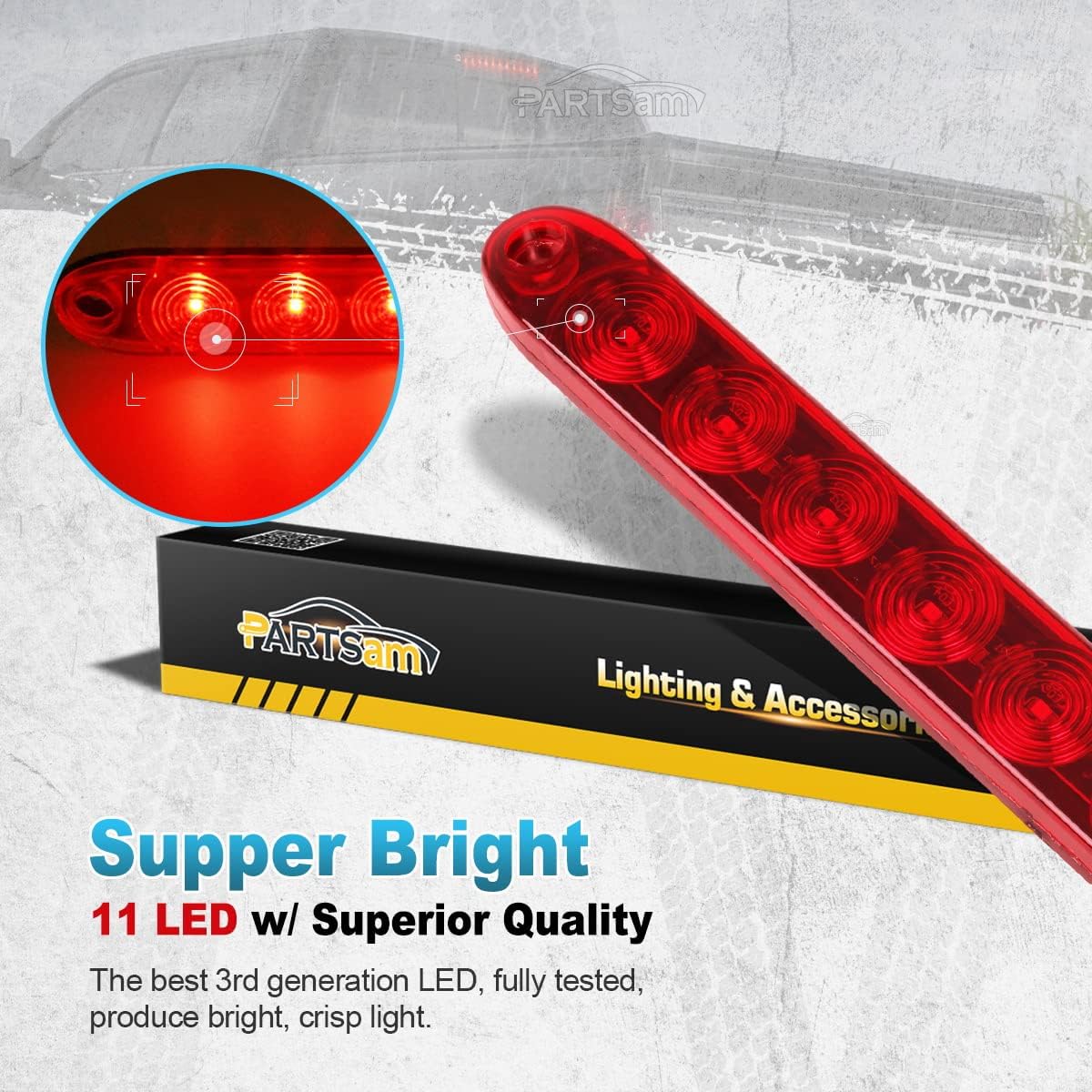 Partsam 15" Red Hi Mount Center ID Bar 11 LED Stop Turn Tail Light Trailer Truck 4 Wires
