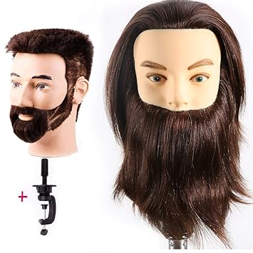 Male Mannequin Head 100% Human Hair Hairdresser Training Head Manikin Cosmetology Doll Head (Table Clamp Stand Included) HF0408S