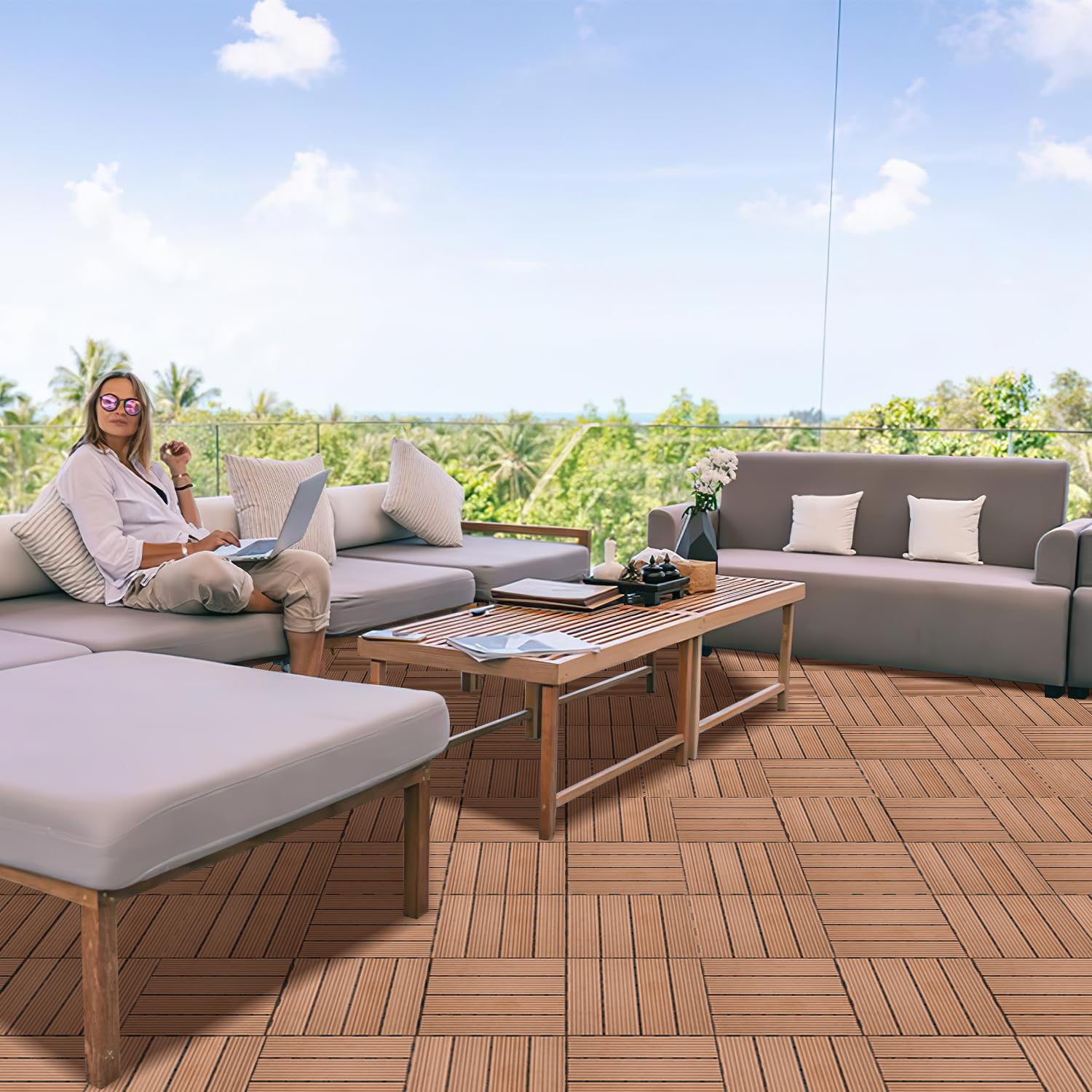 Gimisgu WPC - Piastrelle per terrazze, effetto legno, per balconi, terrazze, piastrelle a clic, in plastica, con drenaggio, per balcone e giardino, set da 55 pezzi, per 5 m², colore: marrone