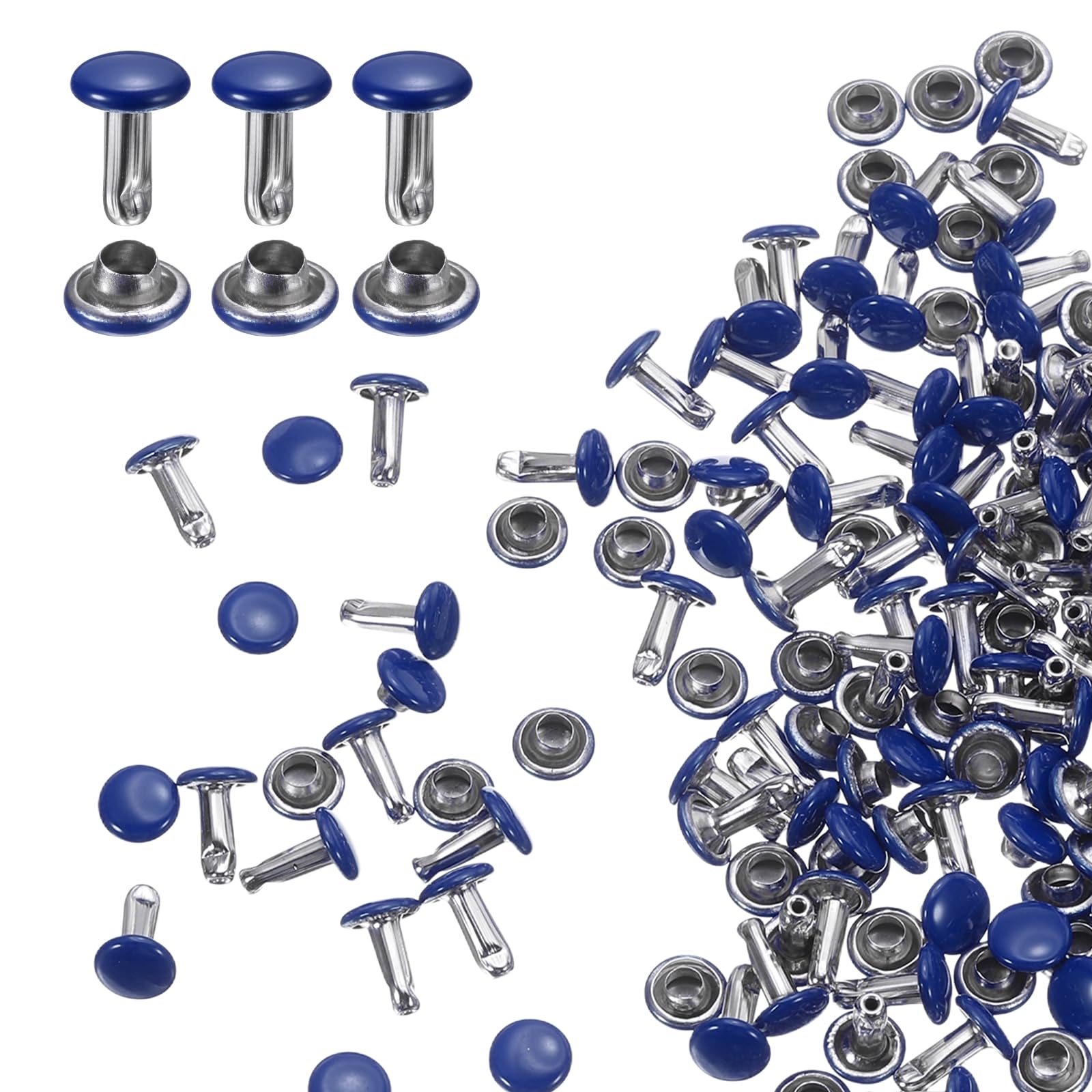 sourcing map 100 Sets Double Cap Leather Rivets, 6x8mm Round Cap Tubular Metal Studs Leather Crafting Rivets for Fabric Belt Pet Collar Boot Bag Repair and Decoration, Dark Blue