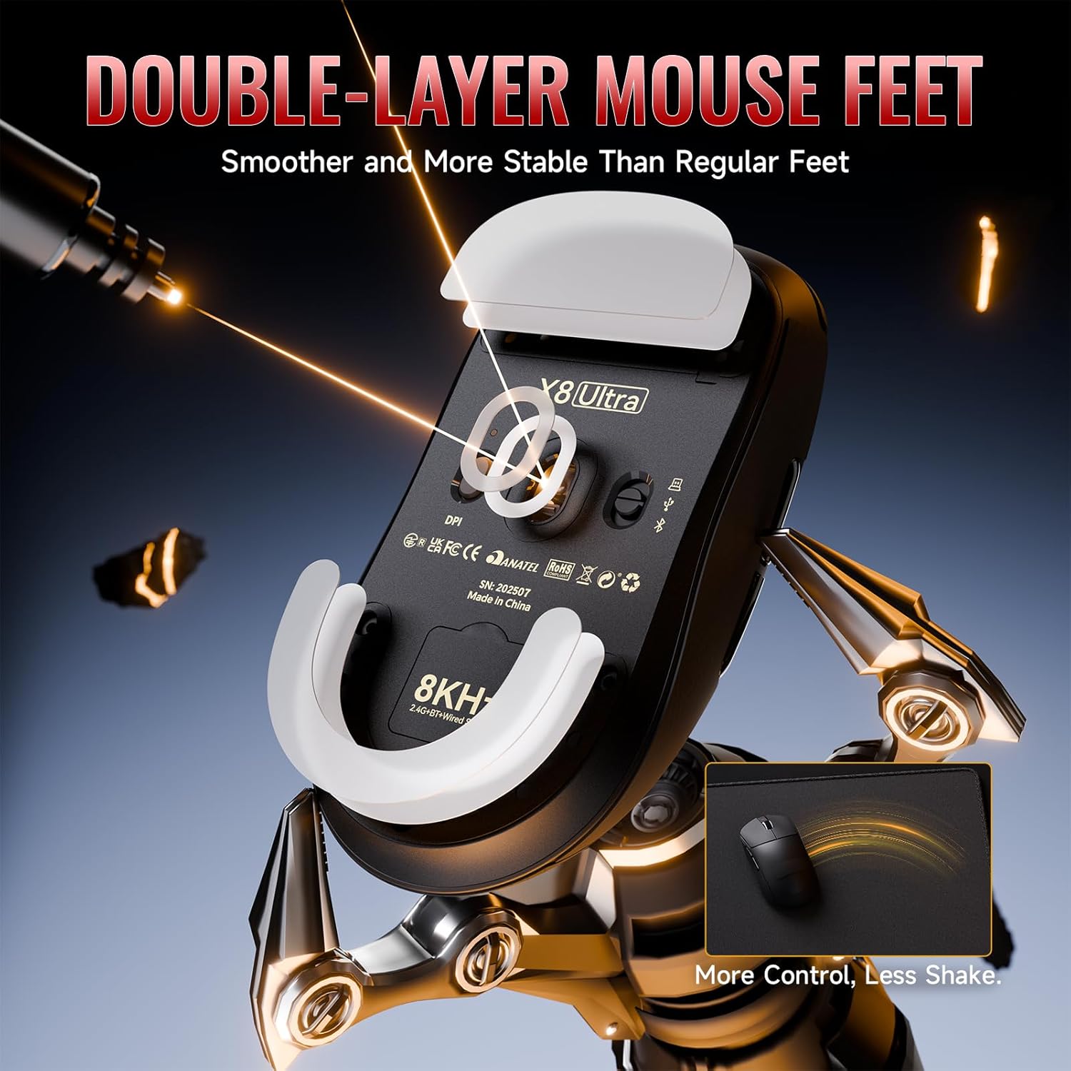 MAMBASNAKE x Attack SHRAK X8ULTRA Wireless Gaming Mouse with 42000 DPI,3950MAX Sensor,55g Lightweight Big Hand Ergonomic Mouse,8K Hz Polling Rate,Nordic52840,Tri-Mode 2.4Ghz/Type-C/BT(Black&Tape)