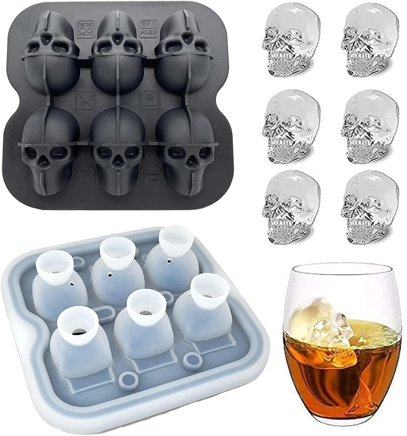 Qeedee 2 Pack 3D Skull Ice Cube Mold , Silicone Skull Ice