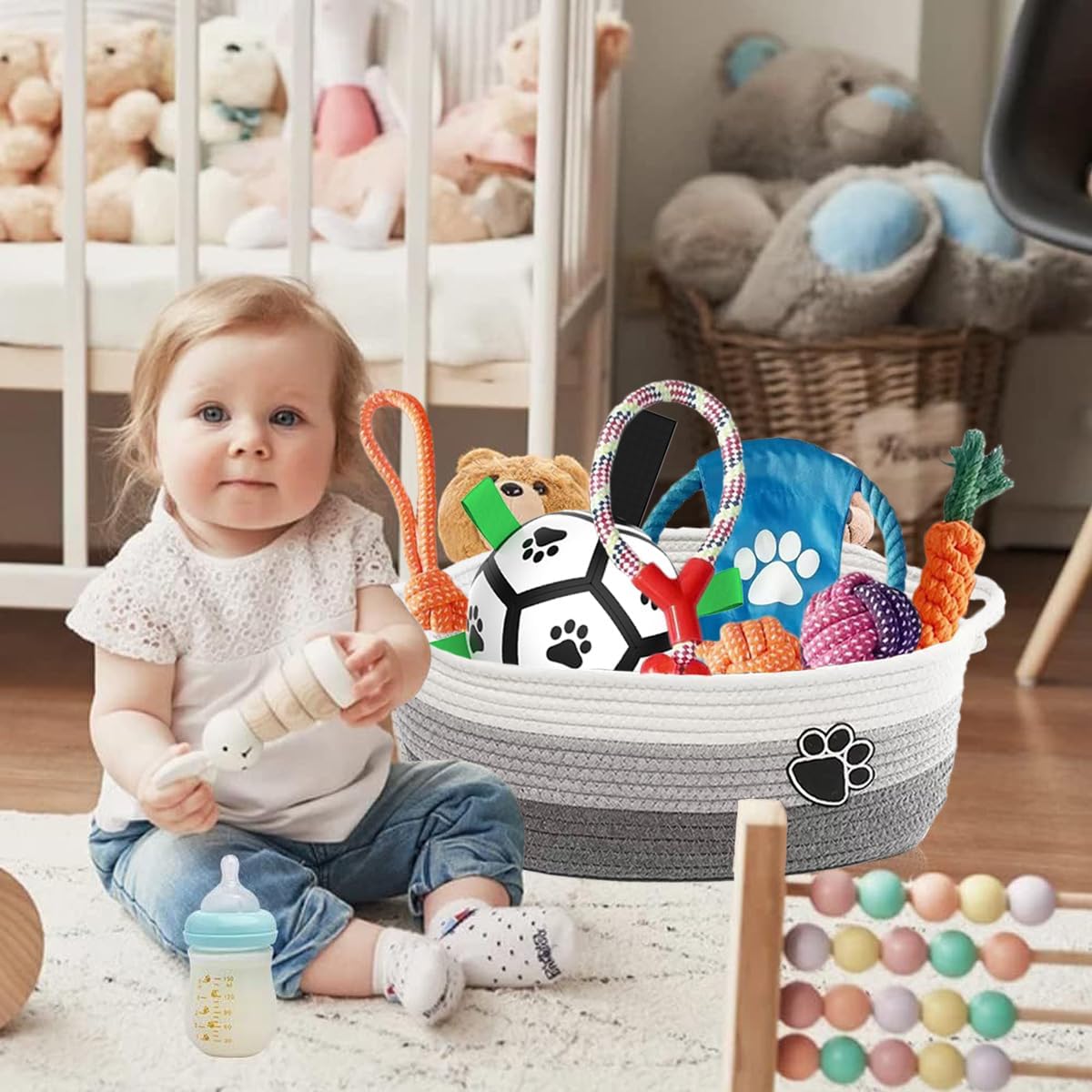 7 Pcs Puppy Dog Toys Storage Basket Set Dog Gift Chew Toys for Teething Squeaky Plush Duck Rope Woven Basket with Handles for Small Puppy
