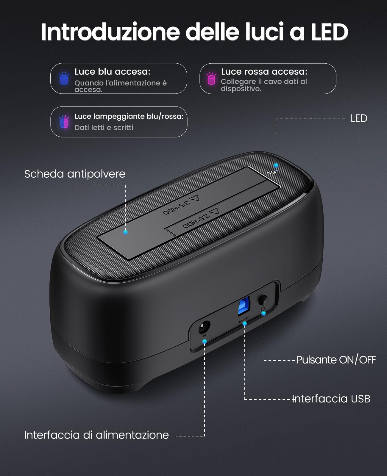 ORICO Hard Disk Docking Station USB3.0 per HDD/SSD SATA da 2,5 e 3,5 pollici, Supporto per UASP e Dischi Rigidi da 20TB (DD18U3)