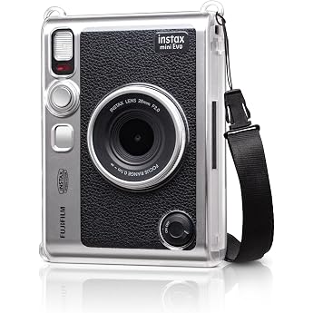 MUZIRI KINOKO Mini EVO Case for Fuji Instax Camera - PVC Crystal Clear Protective Case with Black Shoulder Strap Transparent