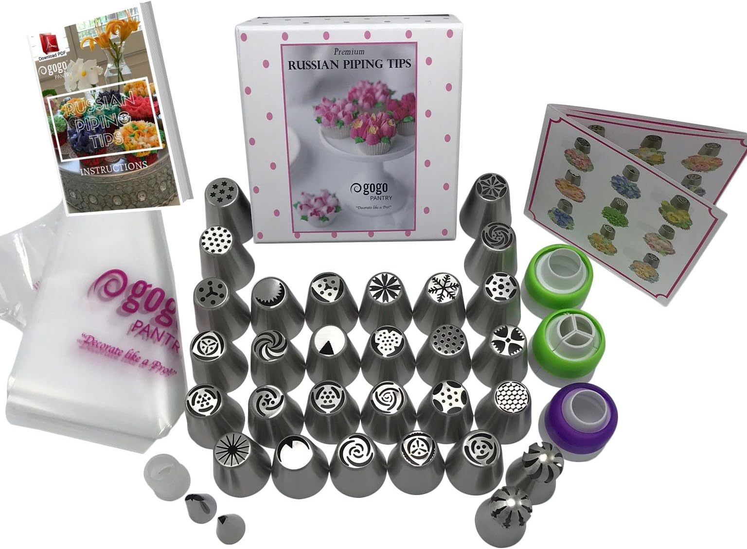 65 pc Russian Piping Tips Set | Cake Decorating Supplies | 27 Large Russian Frosting Nozzles 2 Ball Tips 2 Leaf Tips 4 Couplers 30 Pastry Bags | Decorate like a Pro with GoGo Pantry