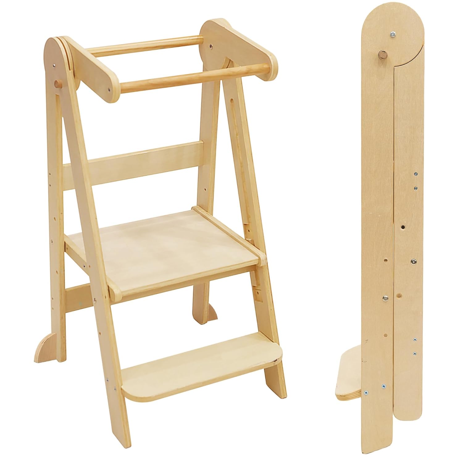 Foldable Toddler Tower Kitchen Step Stool, Folding Tower for Learning with 3 Adjustable Heights, Montessori Toddler Standing Tower Collapsible Step Stool for Kids 1.5-6y Natural