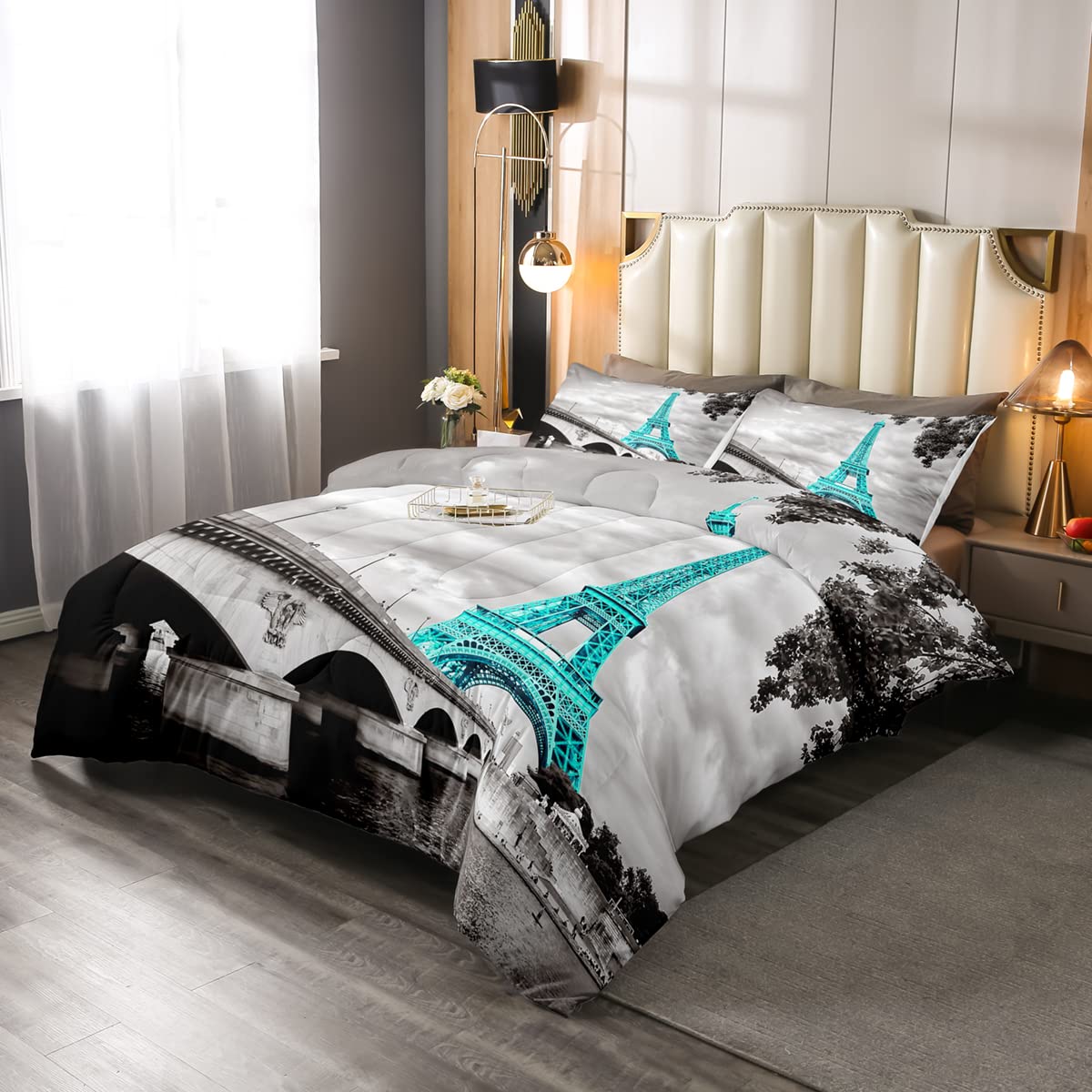 Loussiesd Eiffel Tower Duvet Double Girls Chic Teal Paris Theme Quilted Bed For Kids Women Decor Paris Cityscape Printed Winter Summer Duvet Microfiber Modern French Style — image 1