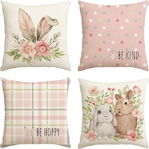 AVOIN colorlife Juego de 4 fundas de almohada de búfalo de Pascua con diseño de flor de conejo de Pascua, 18 x 18 pulgadas, diseño de pájaro con
