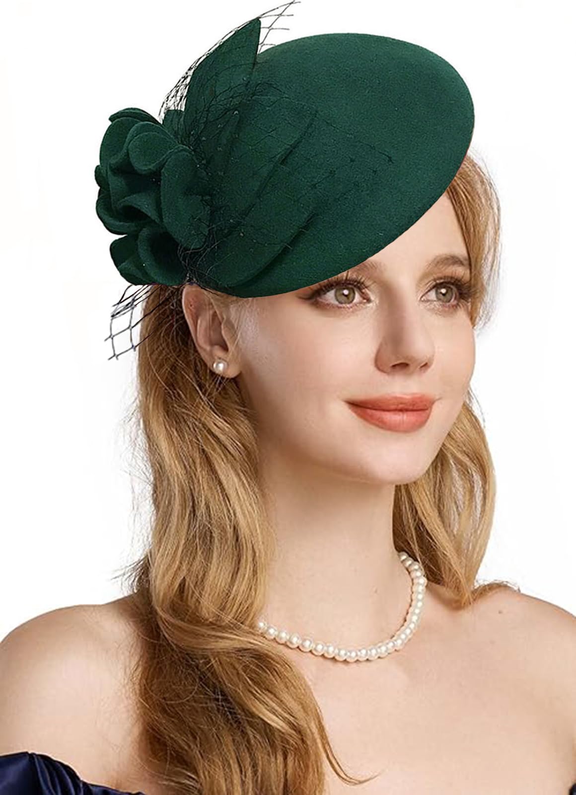 RZTA Women's Vintage 100% Wool Felt Cloche Bucket Bowler Hat Winter Vintage Bow Fedoras Church Fascinator Hat, 02-Green, One Size