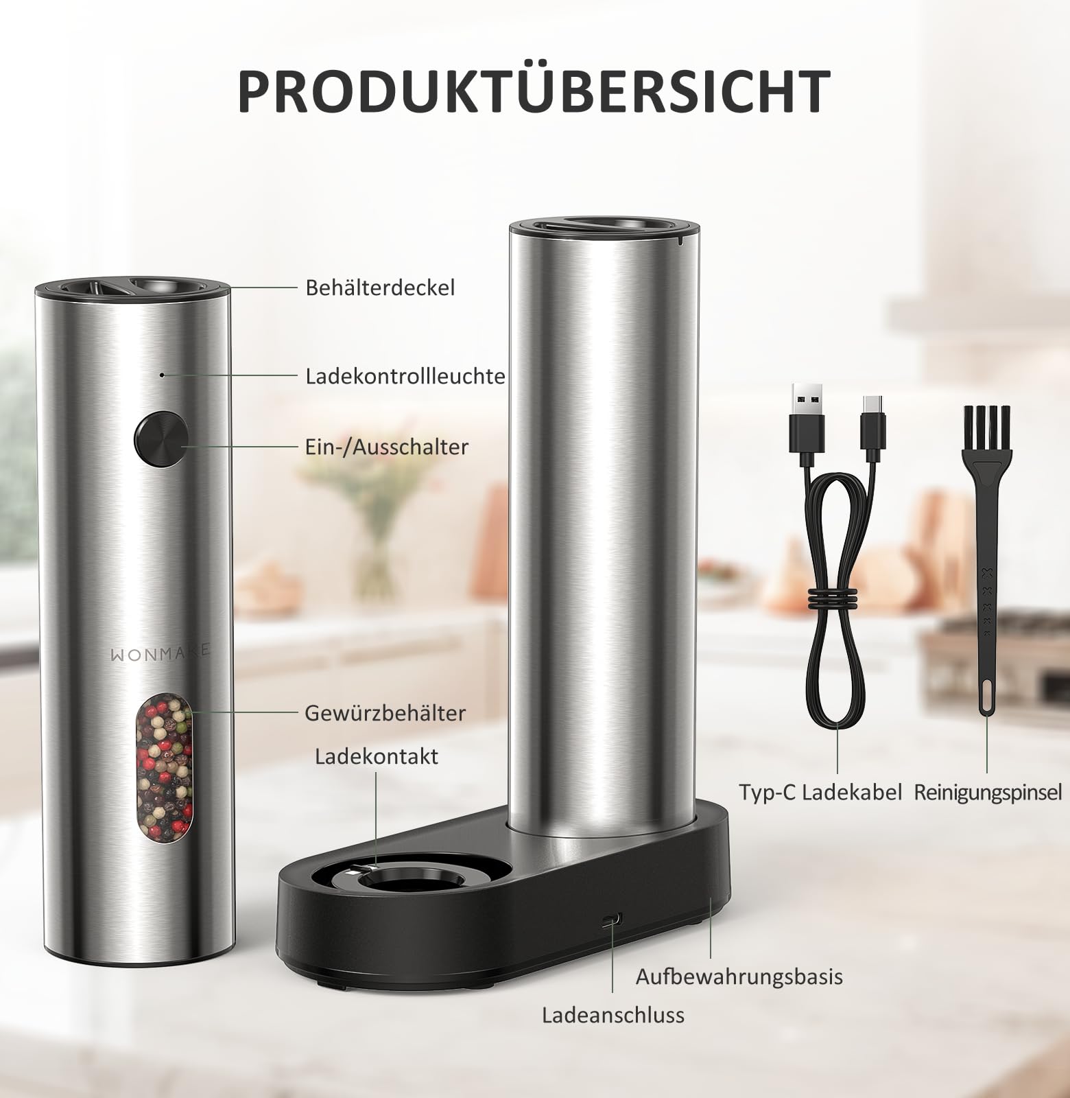Set macinapepe elettrico - Saliera e pepe ricaricabile in acciaio inox con doppia stazione di ricarica USB-C, grande capacità, grado di macinazione regolabile, luce LED, idea regalo
