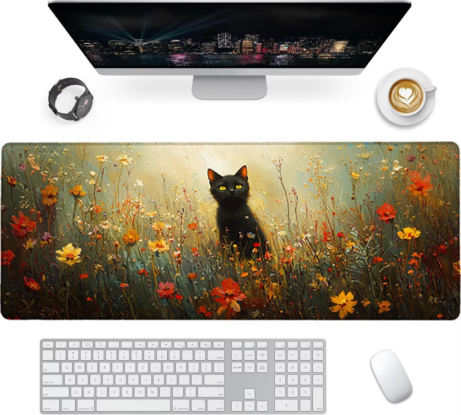 Lpfieonn Blume Großes Schreibtischunterlage, XXL Schreibtischunterlagen, Katze XXL Wasserdicht Gaming Mousepad mit Vernähter Rand und Rutschfeste Gummibasis, für Laptop/Hause/Büro 120x60cm PF-2077