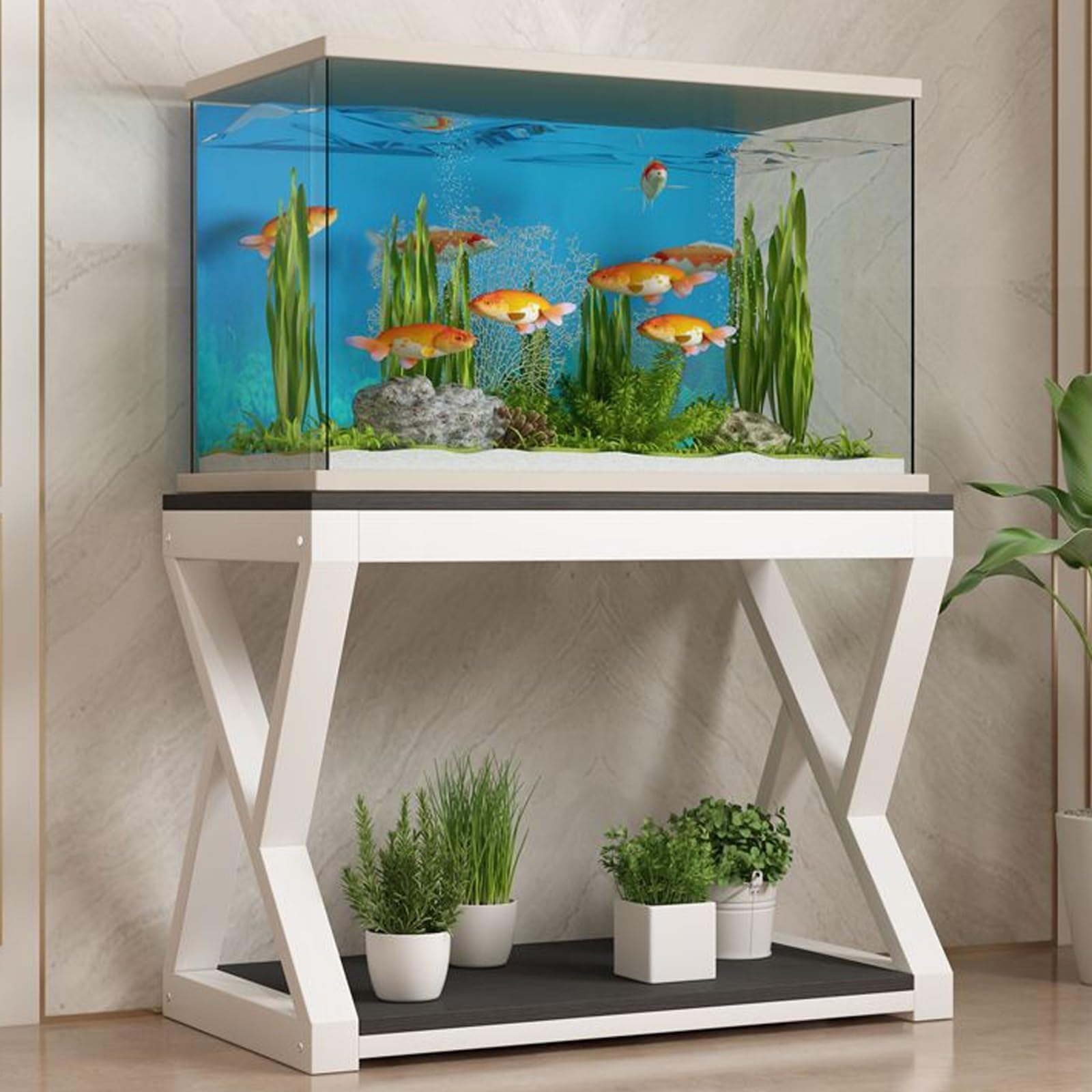 Support d'aquarium robuste à 2 niveaux en acier et bois blanc 60x40cm