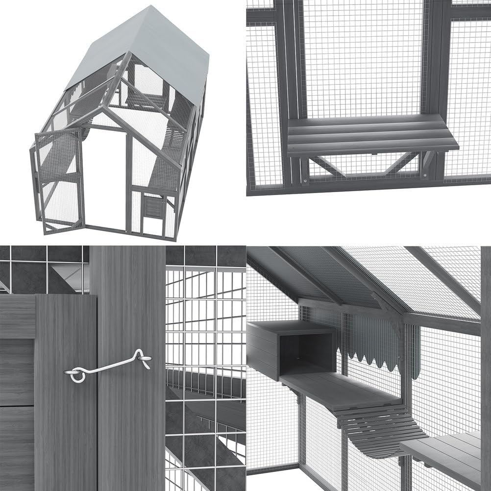 Outdoor Cat Enclosure 74" Large Wooden Catio with 7 Platforms, 2 Rest Boxes & Bridges, Weather-Protective Roof, Secure Multi-Level Cat House for Multiple Cats Outdoor Play, Gray