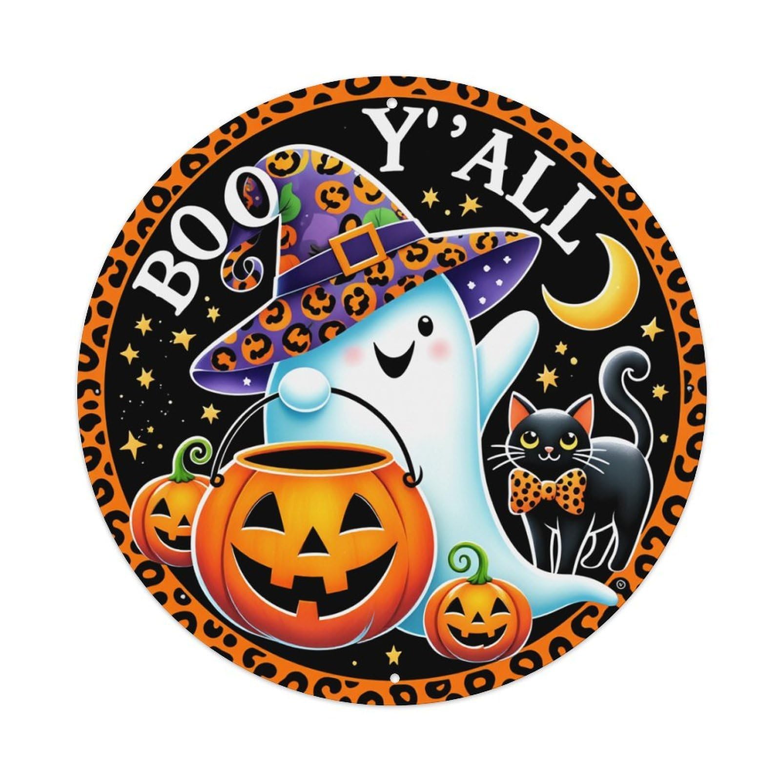 Boo Y'all Ghost Pumpkin Cat Round Tin Sign Retro Metal Sign for Cafe Bar Pub Home Game Room Gym Club Wall Decoration Vintage Metal Poster 8x8 Inch