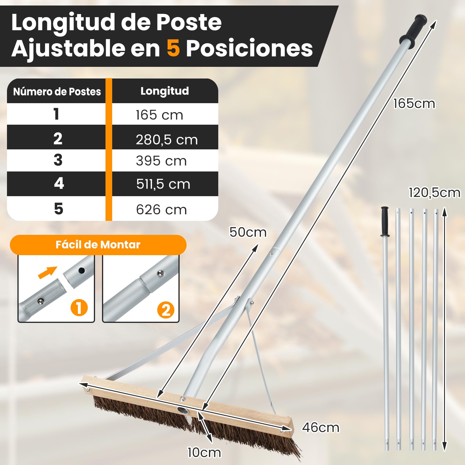 COSTWAY Rastrillo Jardin, Ajustable de 165-626 cm con 5 Varillas Extensibles de Aluminio Ligero, Recoge Hojas Jardin para Eliminar Hojas, Agujas de Pino y Piñas