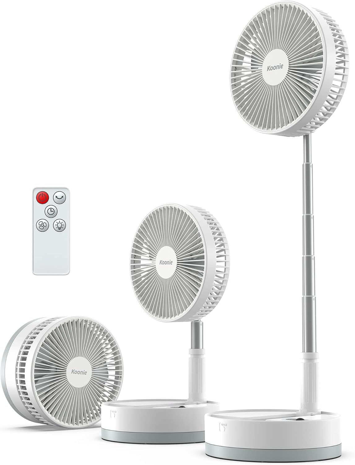 Koonie Portable Fan, 8 Inch Foldable Stand/Desk Fan up to 30 Hours Night Light Remote Control Battery or USB Powered Cordless Height Adjustable Super Quiet Fan for Home, Camping, Travel, White