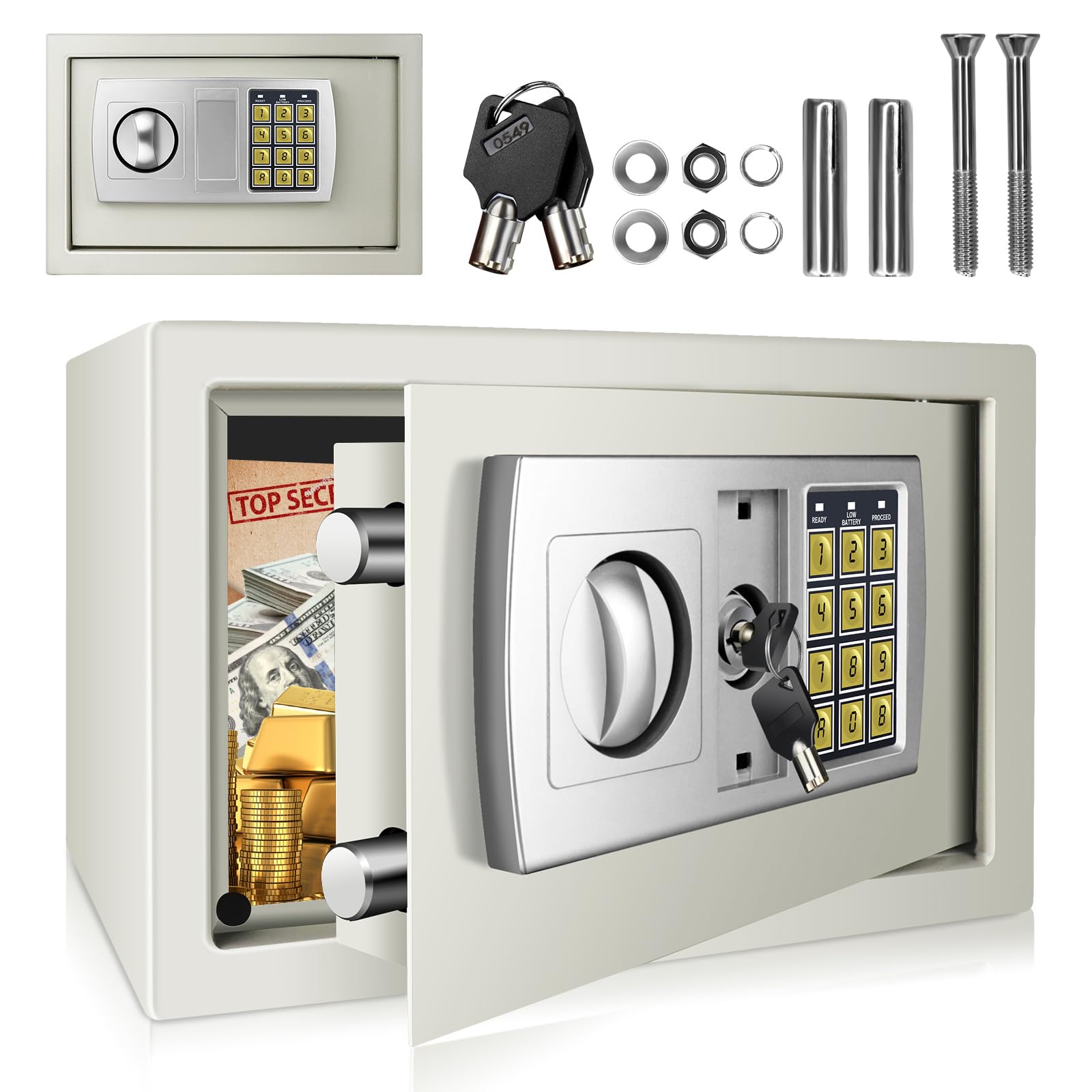 8.5L Electronic Digital Safe Box, Fireproof Security Box Home Office Money Cash Jewelry Steel Safety Box with 2 keys, Wall Mounted Mini Safe for Home Office Hotel, White, 31 x 20 x 20 cm