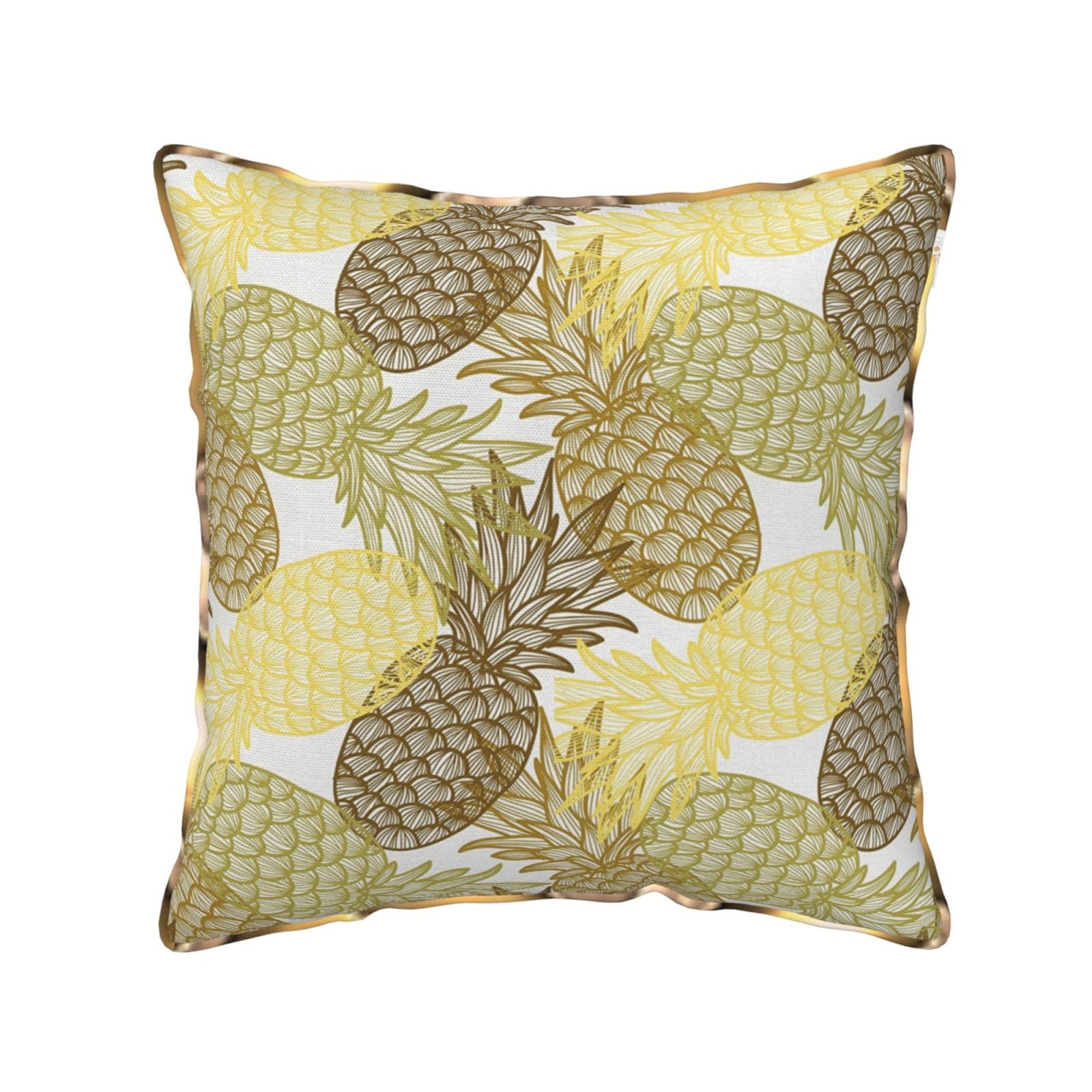 AUBKFELD Exotic Tropical Pineapples Printed Velvet Cushion Cover 40x40 CM with Gold Edging Strip, Square Pillowcase Soft Throw Pillow Covers Case Decorative for Living Room Sofa Couch Bed Bench