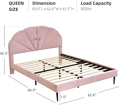 Miniatura 2 de VELOCAVA Base de cama rosa tamaño Queen, cama tapizada resistente con cabecera única, cama de plataforma de terciopelo suave con fuerte soporte de