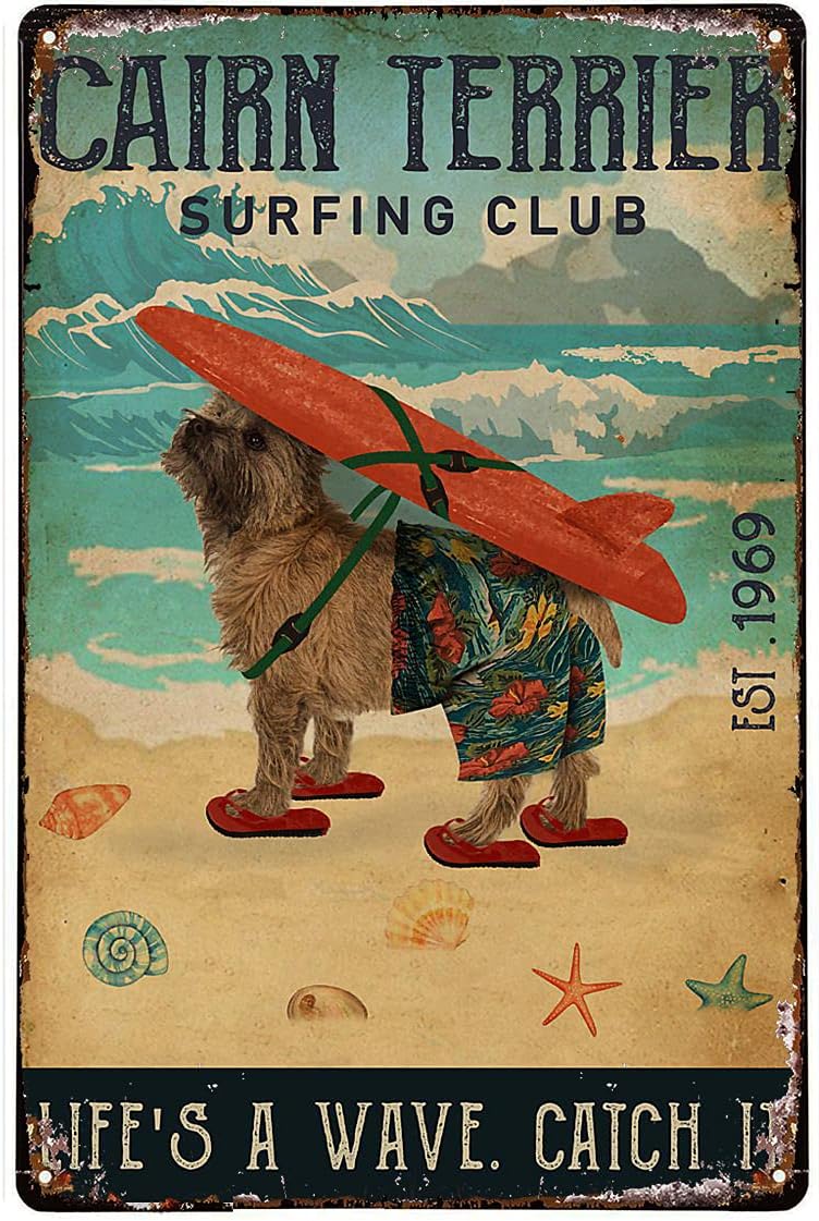 YoeonsVintage Signs Metal Signs Surfing Club Cairn Terrier Tin Signs Vintage Retro Bar Club Cave Home Kitchen Wall Decor 12x8 Inch