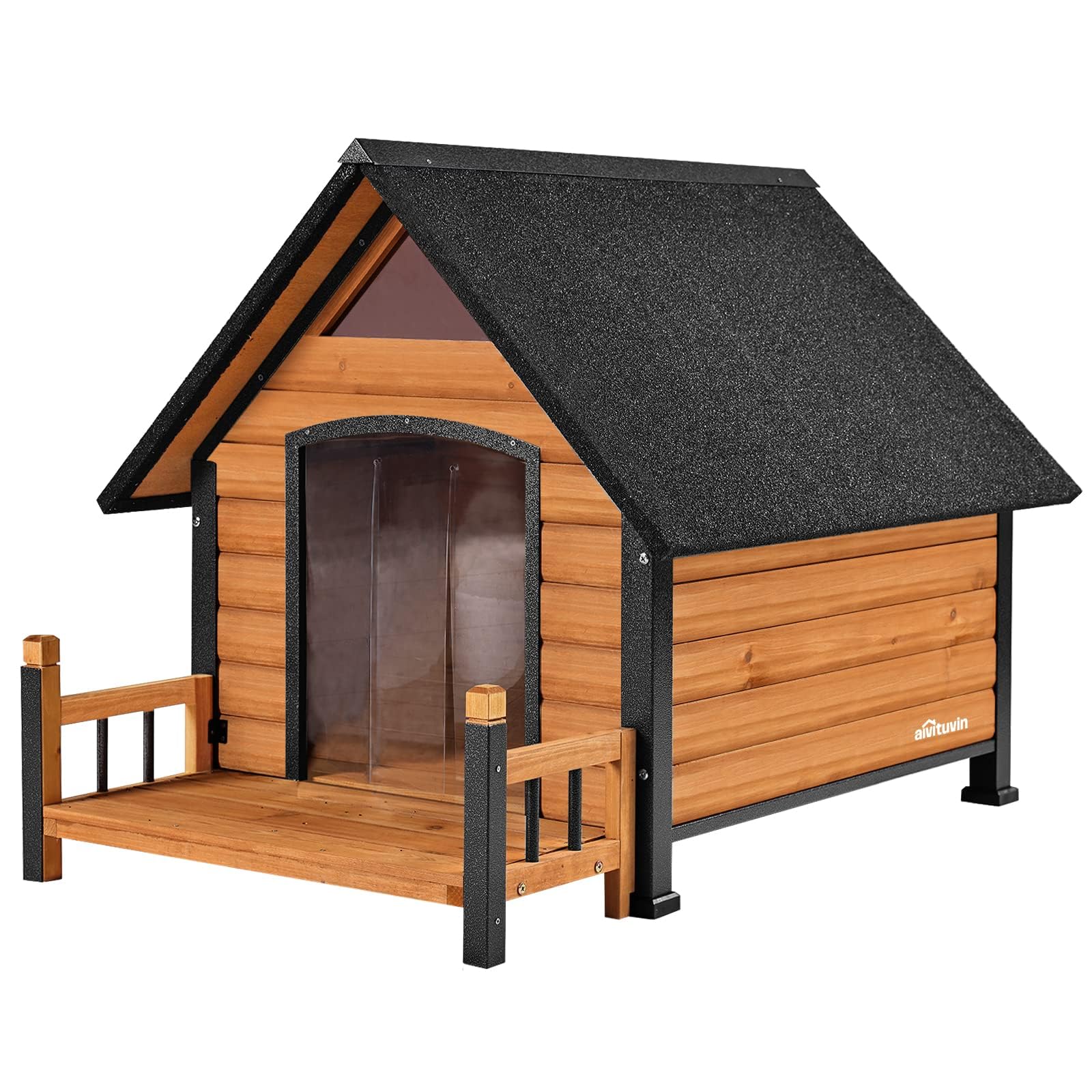 Seiyierr Outdoor-Hundehütte, wasserdichte Welpenunterkunft Indoor-Hundehütte mit erhöhtem Boden, Anti-Biss Design Hundehaus für kleine bis mittelgroße Hunde mit Veranda（Braun）